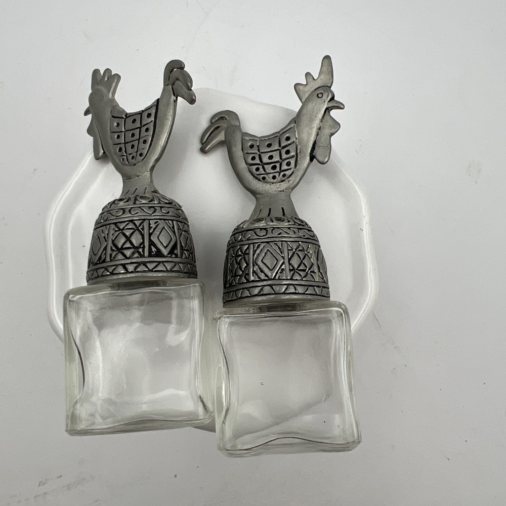 Pewter Clear Glass Rooster Salt and Pepper Shakers - Picture 4 of 7